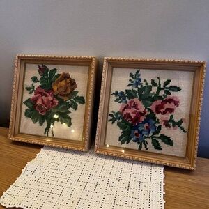 Handcrafted Floral Needlepoint Wall Art Pair - Pink, Green, Yellow